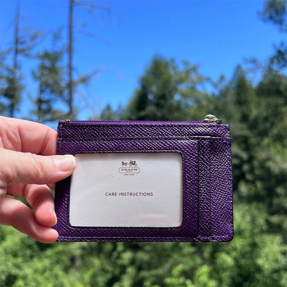 COACH Crossgrain Leather Purple Mini Skinny ID Case Keychain Wallet Gold Hardwre
